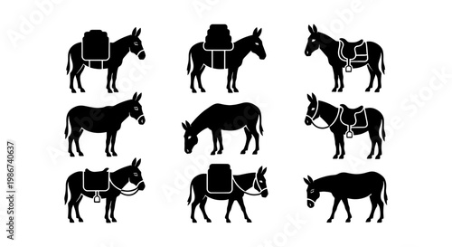 Donkey silhouette vector set, pack animal icons with saddles and luggage, black mule and burro collection for agriculture and travel design
