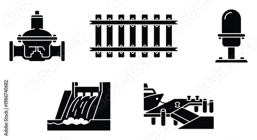 This collection of industrial and infrastructure icons includes a pressure regulator valve, railroad tracks, a classic studio microphone, a water dam, and a ship docked at a port, perfect