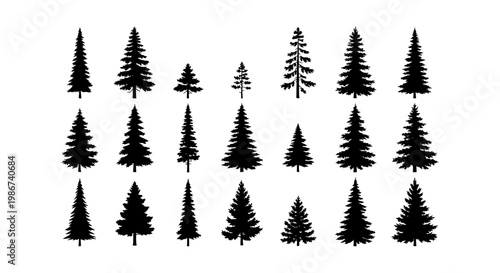 Black pine tree silhouettes, collection of 21 evergreen forest icons, minimalist conifer spruce and fir tree vector set for landscape design