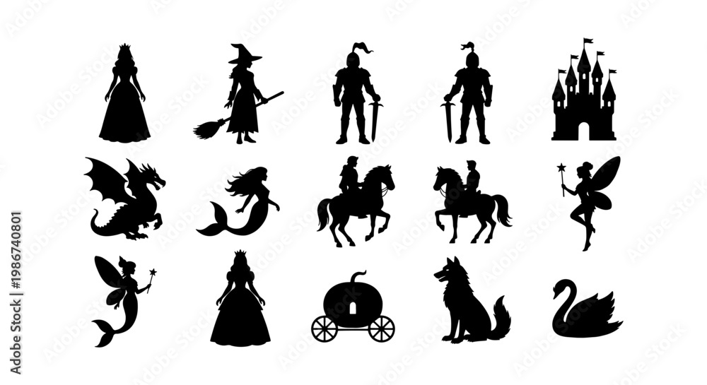 Fototapeta premium Fairytale silhouette collection with 15 fantasy icons, medieval character vector set, black mythical creature shapes for storytelling and children books
