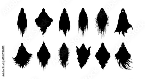 Spooky ghost silhouettes set, creepy phantom spirits in tattered cloaks, 12 dark hooded reaper vector icons for Halloween design