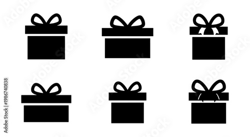 Minimalist gift box icons set, black silhouette present symbols with ribbons, collection of 6 vector holiday gift elements for web design
