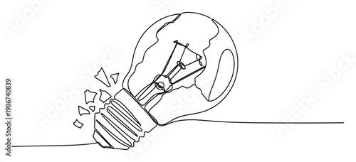 Continuous single line drawing of a broken lightbulb symbolizing a failed idea or problem, perfect for illustrating innovation challenges or business crises.