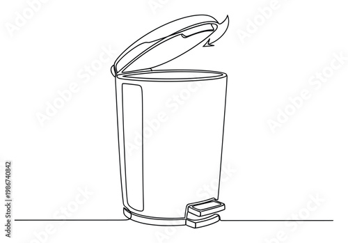 A clean line drawing of an open foot pedal trash can, emphasizing modern waste management and hygiene solutions for homes and businesses.