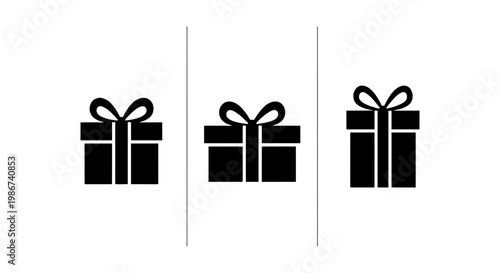 Minimalist gift box icons set, black silhouette present symbols with ribbons, simple holiday surprise vector graphics for web and print design