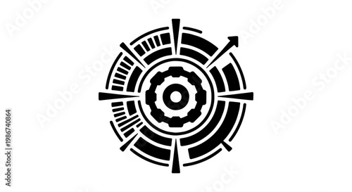 Futuristic HUD interface element, black circular sci-fi tech gear vector, abstract digital dashboard UI component for gaming and technology