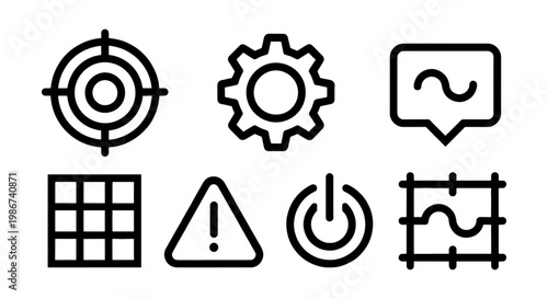 Minimalist black line icons set, 7 vector web elements for interface design, modern business and technology symbols on white background