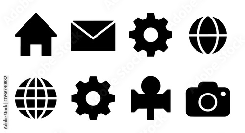 Minimalist black web icons set, 8 vector interface symbols, flat navigation elements for website and mobile app design, solid silhouette graphics