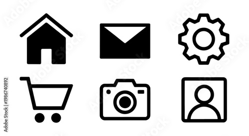 Minimalist web icon set with 6 black vector symbols, modern interface navigation elements, clean outline UI icons for website and mobile app design