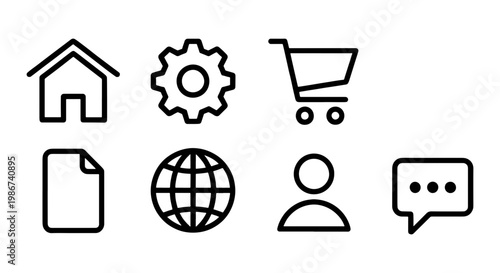 Minimalist line web icons set, black outline interface symbols, 7 vector elements for website navigation and mobile app design