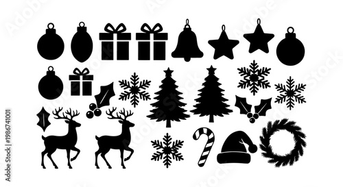 Christmas silhouette icons set, black winter holiday vector elements, 25 festive ornaments including reindeer and snowflakes for seasonal design