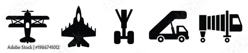 Aviation and airport ground support vehicle silhouettes perfect for travel industry presentations transportation logistics infographics and aircraft related mobile application interfaces