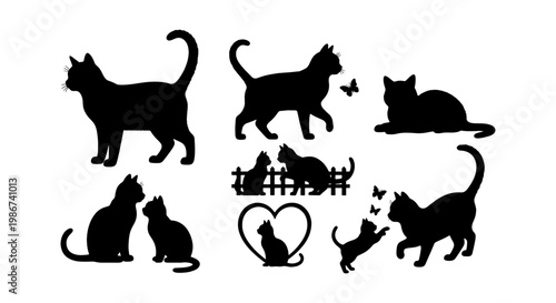 Black cat silhouette collection, set of feline vector icons in various poses, domestic cat silhouettes with kittens and butterflies, animal shadow graphics