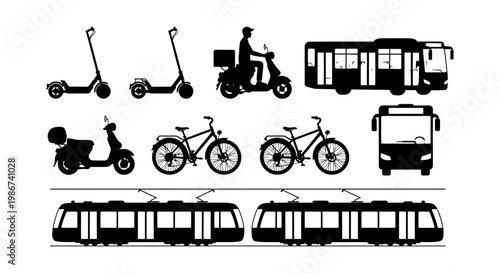 Urban public transport icons set, black silhouettes of city bus, tram, bicycle and electric scooter, 10 transport vector elements for city mobility