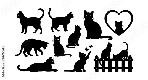 Black cat silhouettes collection, 11 feline vector elements in various poses, domestic cat icons with heart and fence details for pet branding