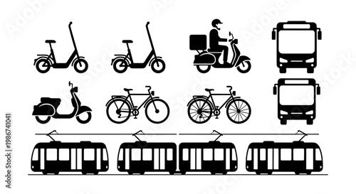 Urban transport icons set, black silhouette city vehicle collection, public transportation and delivery scooter vector, bicycle and tram symbols