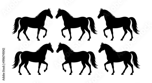 Black horse silhouette set, 6 stallion vector elements, walking mare profile icons for equestrian logo design and ranch branding
