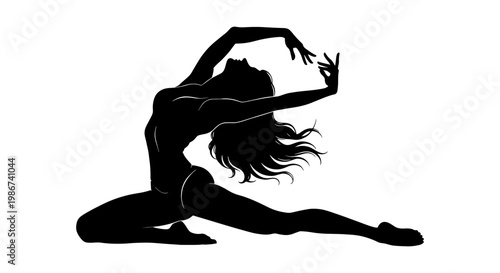 Graceful contemporary dancer silhouette, artistic female performer in expressive pose, black vector illustration of a woman dancing and stretching