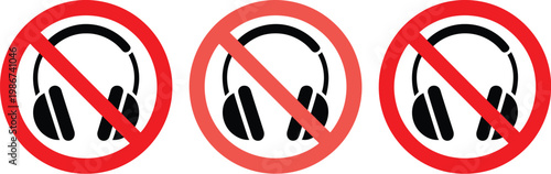 No headphones allowed icon set, three variation prohibition symbols with crossed headphones for safety rules restricted areas and public signage design.