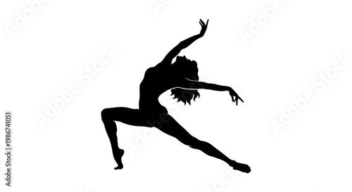 Graceful contemporary dancer silhouette, black vector illustration of a female performer in motion, expressive modern dance pose on white background