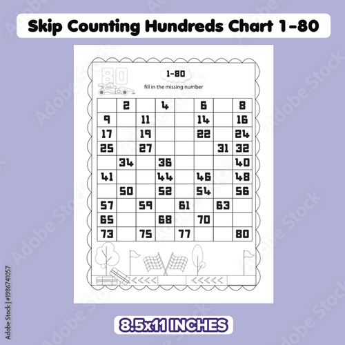 Skip counting hundreds chart 1-80 educational worksheet for kids