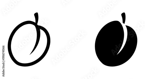 Minimalist plum fruit vector icons, black and white plum silhouette set, organic stone fruit line art, simple plum outline for food packaging