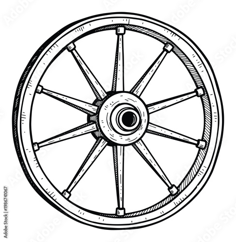 Classic old wooden wagon wheel with spokes and hub, handdrawn in a vintage sketch style, perfect for historical designs, farming themes, or antique graphic elements for projects.