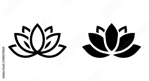 Minimalist lotus flower icons, black floral zen symbols for yoga and wellness branding, set of 2 vector water lily silhouettes on white background