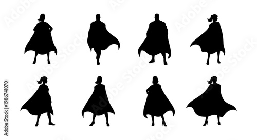 Superhero silhouettes collection, 8 black vector icons of male and female heroes with capes, powerful character poses for comic and business concepts