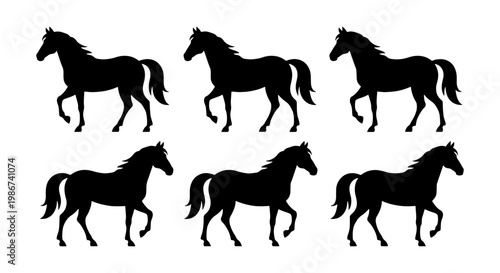 Black horse silhouette set, six walking stallion vector icons, equestrian animal profile collection, isolated dark pony shapes on white background
