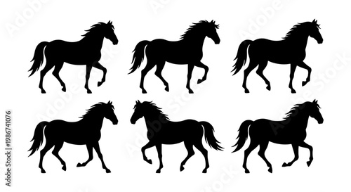 Black horse silhouette collection, set of 6 stallion vector icons, walking and trotting equine shapes, isolated wild mustang animal graphics