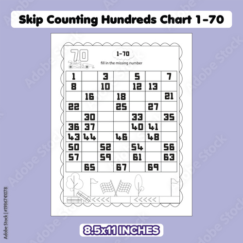 Skip counting hundreds chart 1-70 educational worksheet for kids