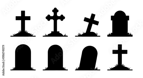 Spooky Halloween gravestone silhouettes, set of 8 tombstone icons with crosses and headstones, cemetery graveyard vector elements for horror design