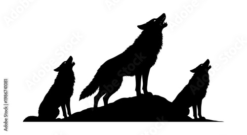 Howling wolf pack silhouette vector, three wild wolves howling at the moon on a hill, black animal silhouettes for wilderness and nature designs
