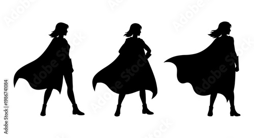 Superhero woman silhouette set, female hero in cape standing in powerful poses, black vector silhouettes of strong confident women