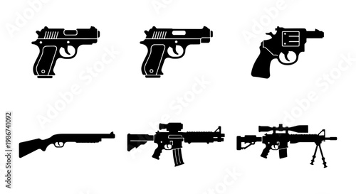 Military firearm silhouette set including handguns and rifles, 6 weapon vector icons, black pistol and assault rifle collection for gaming and security