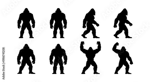 Bigfoot silhouette collection, 8 mythical sasquatch vector icons. Cryptid creature silhouettes in walking and standing poses. Black yeti character set.