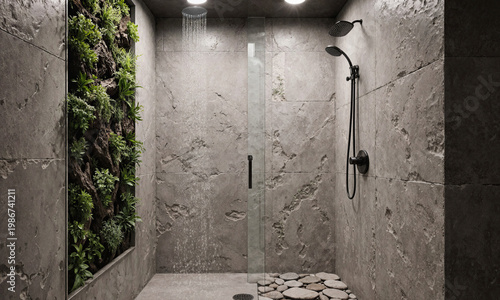 Biophilic stone garden walk-in shower with vertical plant wall and rain showerhead creating a luxurious spa-like bathroom oasis