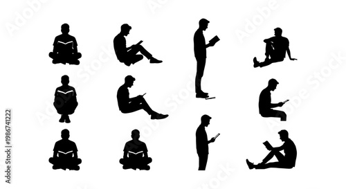 Black silhouettes of people reading books, set of 12 male figures in sitting and standing poses, library and education vector icons