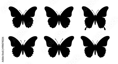 Black butterfly silhouette collection, set of 6 insect vector icons, minimalist butterfly shapes for logo design and nature branding