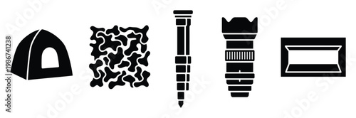 Essential equipment for outdoor adventures and nature photography including a camping tent, camouflage texture, sturdy monopod, professional camera lens, and versatile softbox for various