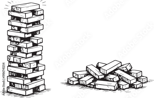  Wooden Block Stacking Game Tower – Cube Puzzle Stack and Collapsed Bricks, Jenga Style Sketch Vector Illustration