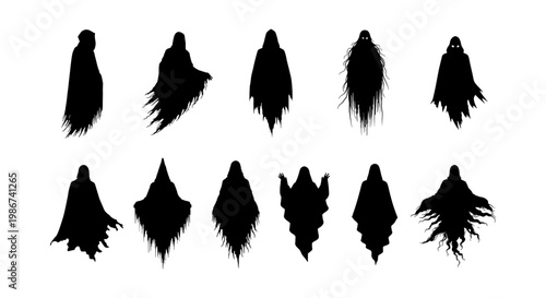 Spooky ghost silhouettes collection, 11 dark phantom vector elements. Creepy spirit character set for Halloween design, tattered wraith shapes