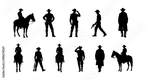 Wild West cowboy silhouettes set, 11 western outlaw and gunslinger vector icons, horse rider and sheriff figures in black isolated on white