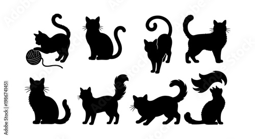 Black cat silhouettes set, 8 feline vector icons in various poses, domestic cat shapes playing with yarn and sitting, pet animal profile graphics
