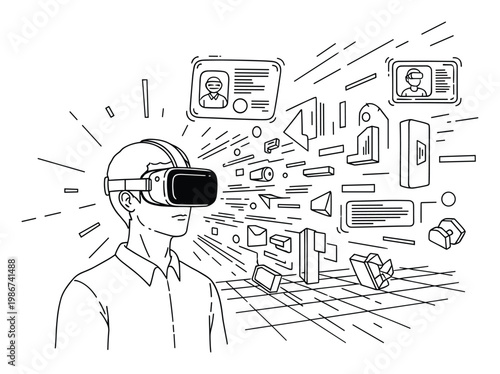 Man exploring virtual reality world with immersive digital interface elements floating around, ideal for technology presentations and futuristic lifestyle concepts