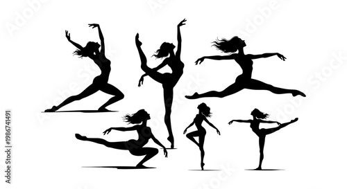 Graceful ballet dancer silhouettes set, elegant female ballerina poses in black vector, 6 dancing woman figures for performance and theater design