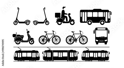 Urban transport icons set, black silhouette city vehicles including bus, tram, and bicycle, electric scooter and delivery moped vector elements