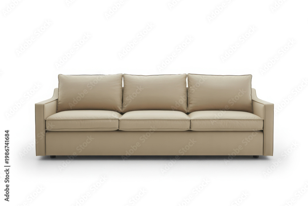 Fototapeta premium Beige leather sofa with three cushions isolated on white background