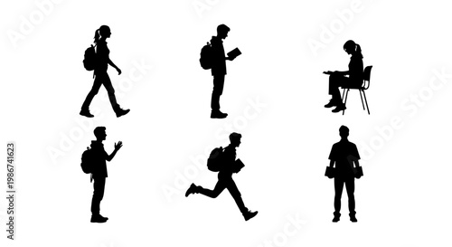 Student silhouette vector set, university students with backpacks walking and studying, diverse school pupils collection in black and white
